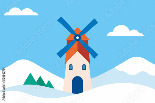 Charming Winter Windmill A Snowy Landscape Illustration