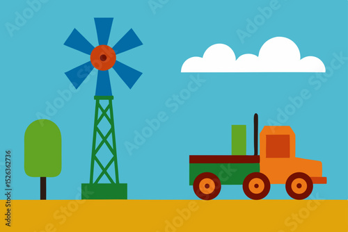 Rustic Farm Scene Windmill, Truck, and Countryside Serenity