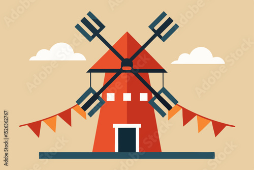 Traditional Dutch windmill, an old farm architecture, stands powerfully against a blue sky, symbolizing renewable energy in the countryside