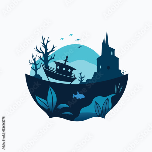 silhouette vector icon of  Underwater Scenery of Sunken ship on a white background in Adobe Illustrator Artwork