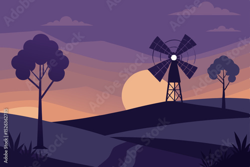 Warm sun descends on the tranquil desert and mountain landscape, casting vibrant orange and yellow hues across the sky, silhouetting trees, and reflecting on distant water