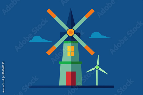 White wind turbines generate clean, renewable electricity against a blue sky, symbolizing green energy technology