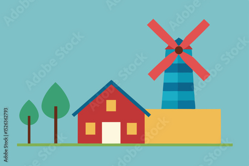 Vector illustration of a windmill on a hill with a house under a sunny sky, symbolizing wind energy and sustainable living