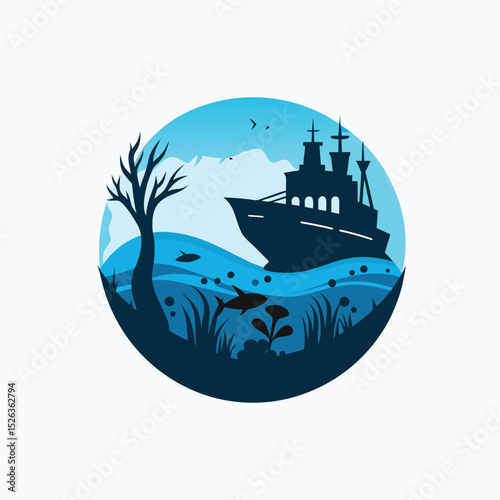 silhouette vector icon of  Underwater Scenery of Sunken ship on a white background in Adobe Illustrator Artwork
