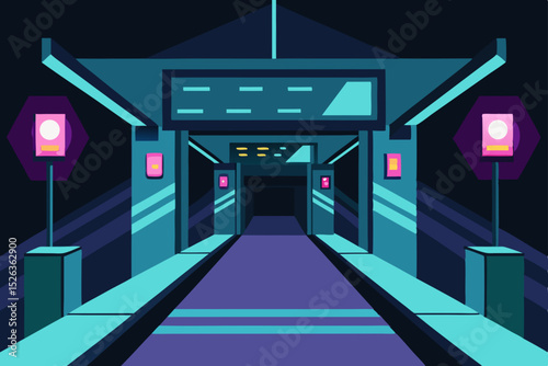Empty illuminated hospital hallway and urban night city street scene