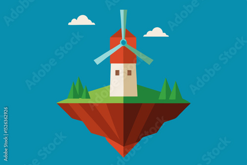 Paper origami vector illustration of a lighthouse and a windmill in the sea with a bird and a boat symbolizing travel