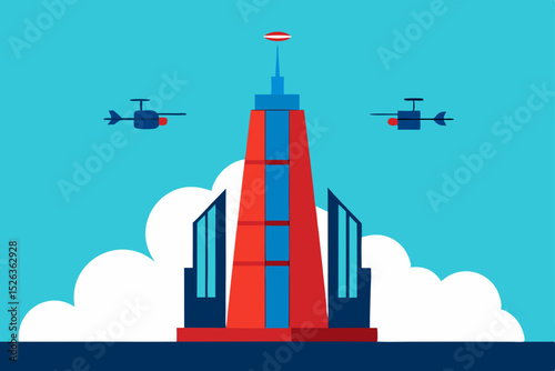 Oil refinery factory in a city skyline with industrial towers, an urban business architecture icon set