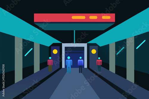 Empty urban underground parking garage interior with blue light in a subway station tunnel