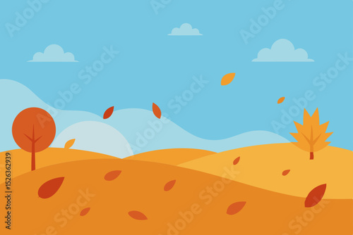 Autumn nature landscape illustration with trees, clouds, and green grass field