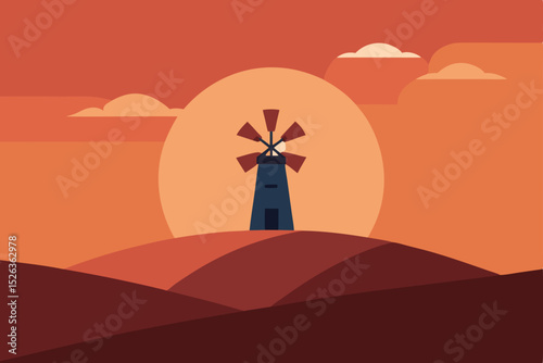 A lone man with a backpack stands silhouetted against a vibrant orange sky on a cross-crowned hill, a religious symbol in nature's light