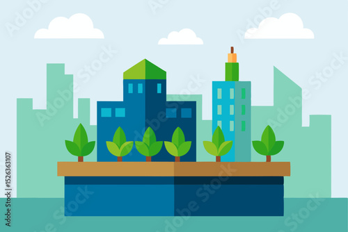 Green city landscape vector illustration with urban architecture and eco-friendly design elements