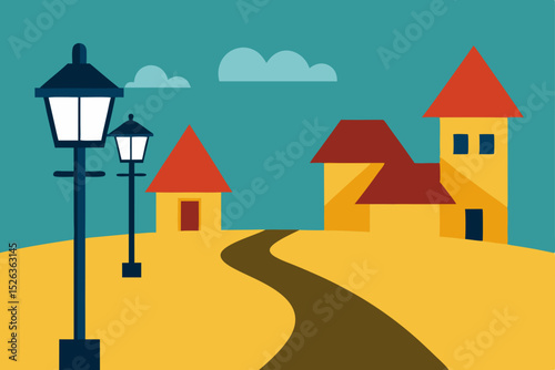 Cartoon vector illustration of city and village houses with trees under summer sky