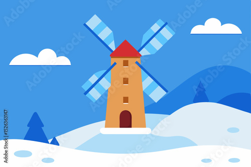 A lone windmill stands amidst a snowy mountain landscape under a vast winter sky