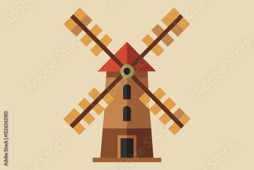A vibrant vector illustration depicts a windmill spinning in the wind beside a charming farm house, an iconic symbol of rural design
