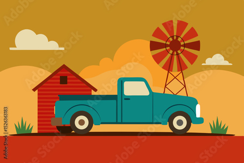 Green family auto travel on a summer road trip through a city landscape under a blue sky, an eco-friendly transportation illustration