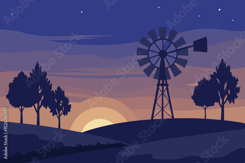 Golden hour casts long shadows as a wind turbine farm stretches across the rural landscape, its silhouettes stark against the vibrant sunset sky