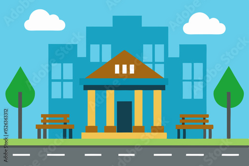 A vibrant cartoon vector illustration of a city street with houses, trees, and sky, showcasing charming architectural design