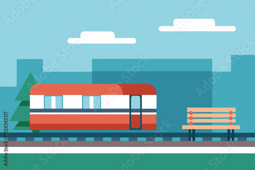 A flat vector illustration depicts a modern train station with a locomotive and a suitcase, perfect for travel and transportation design projects
