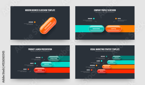 Enterprise Report 1 2 3 4 Element Diagram Slideshow Layout Collection. Corporate Showcase One Two Three Four Step Infographic Slide Template Vector Illustration Set.