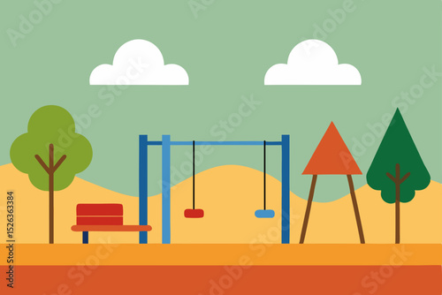Vector cartoon illustration of a summer landscape with a cafe, park, and trees under a sunny sky with clouds, blending nature and city design