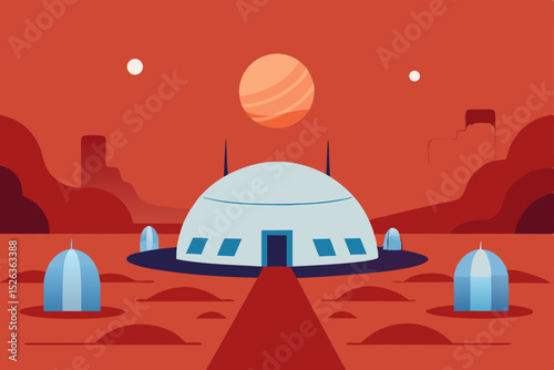 Vector illustration of a restaurant with a dome observatory, a baseball cap, and a UFO in the night sky