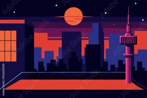 Basketball in the urban night with city lights under a starlit sky