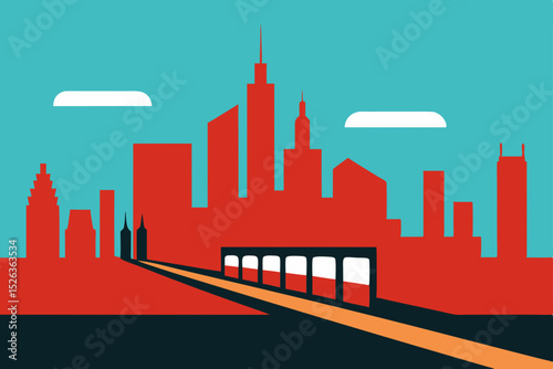 Urban Transit Cityscape Silhouette with Modern Train Illustration