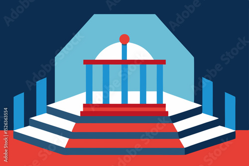 Vector illustration of a red carpet on stairs leading to a door, symbolizing success and celebration in home architecture
