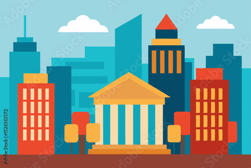 Urban landscape vector illustration featuring city buildings, houses, and street architecture under a clear sky, ideal for design and travel themes
