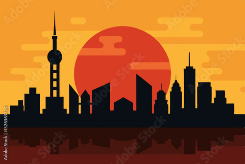 Chicago city skyline silhouette at sunset and night, a stunning urban illustration