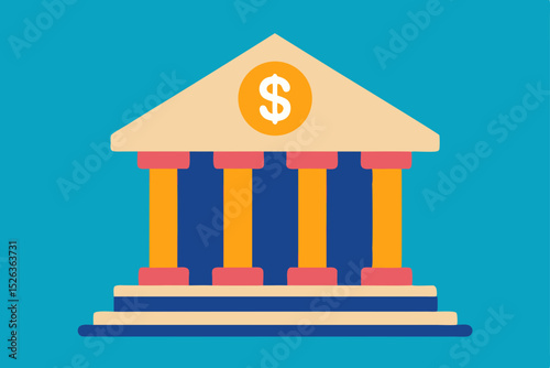 Vector illustration of a bank building with a column and coins, a symbol of finance and real estate investment