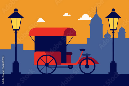 Evening Cityscape A Vibrant Red Rickshaw Under Romantic Streetlights