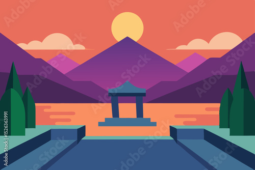 Serene Sunset Landscape Minimalist Mountain and Pavilion Illustration