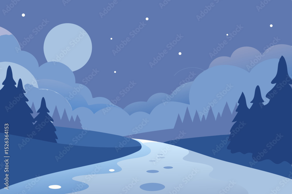 Naklejka premium Serene Night Landscape River, Stars, and Mountains Illustration