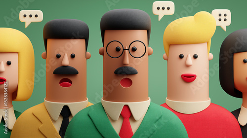 Diverse Team of 3D Characters Brainstorming Ideas with Speech Bubbles