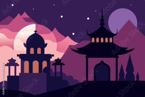 Serene Night in the Mountains A Minimalist Asian Temple Landscape Illustration