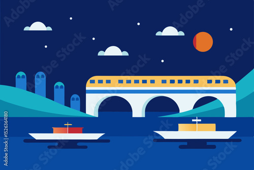 Night Train Journey Scenic Rail Bridge over Water with Cargo Ships