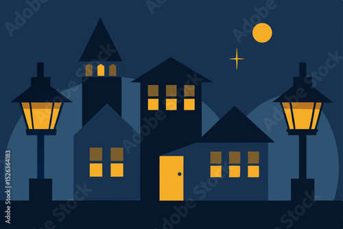 Nightfall in the Charming Village A Peaceful Night Scene Illustration