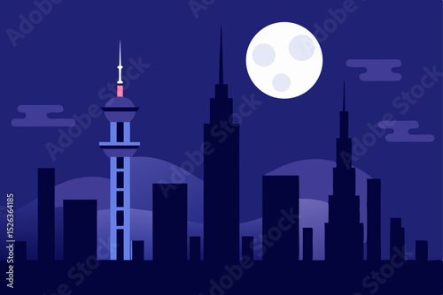 Night Cityscape Modern Towers and Moonlit Skyline Illustration