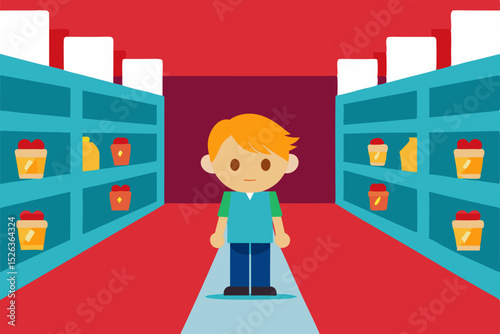 Boy Shopping in Supermarket Aisle Grocery Shopping Experience Illustration
