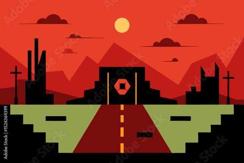 Red Desert Sunset Geometric Landscape with a Mysterious Gateway