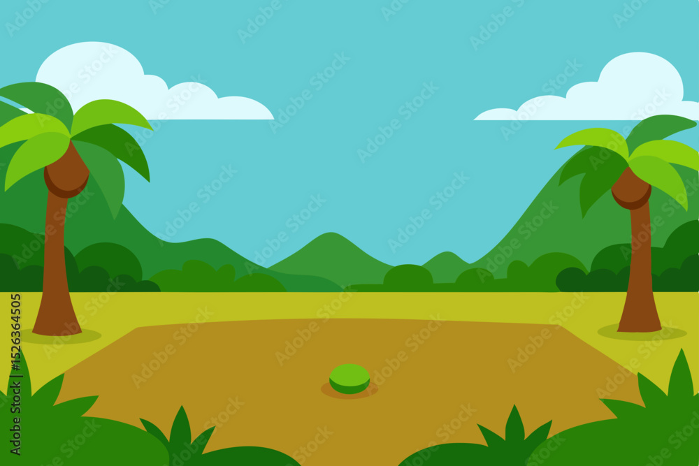 Obraz premium Tropical Paradise Landscape Palm Trees, Mountains, and Lush Green Plains