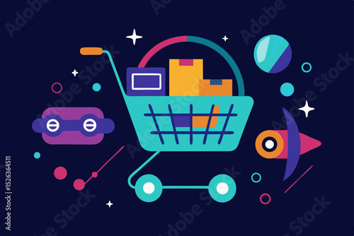 Cosmic Commerce Space-Age Shopping Cart & Rocket Delivery Illustration