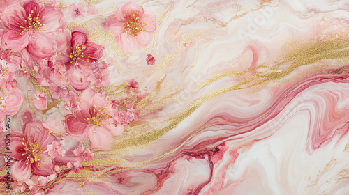 Abstract marble texture flows like liquid ink, with delicate pink petals and blossom flower swirls. Luxurious soft backgrounds blend dreamy movement, while fine gold lines enhance the elegance.