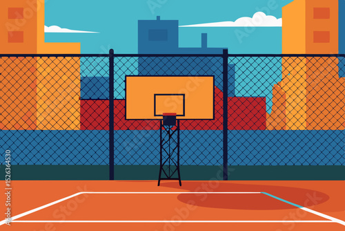 Urban Basketball Court City Skyline Backdrop Illustration
