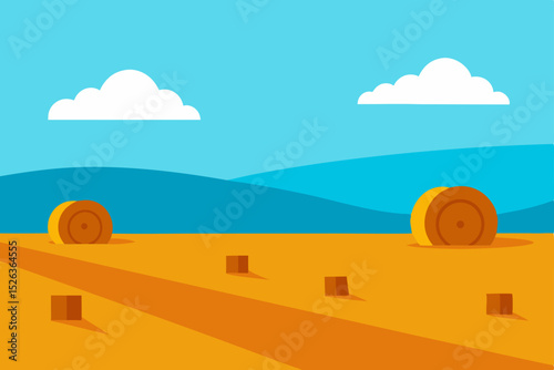 Serene Hay Bale Harvest Landscape Rural Field with Golden Hay Bales under a Blue Sky