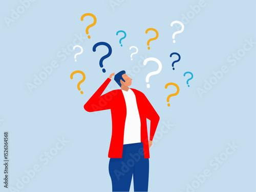  Ask questions, FAQ, problem or curiosity, businessman looking at question mark  problem or curiosity, doubt and confusion to be answer, challenge and uncertainty vector,illustration