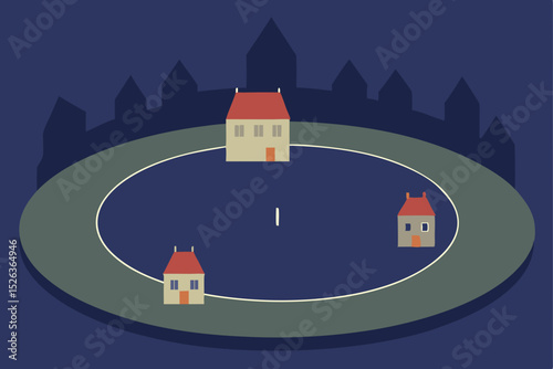Enchanted Village Pond Nighttime Houses and Serene Waterscape Illustration