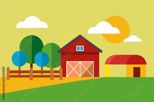 Charming Countryside Farm Scene Red Barn, Lush Green Fields, and Sunny Sky