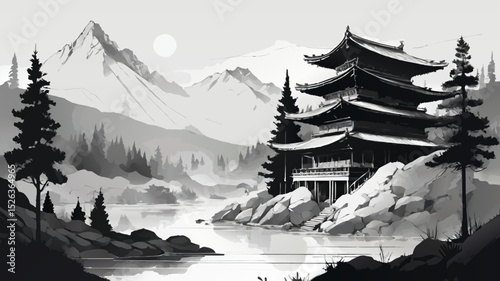 japanese templa and landscape watercolor ink vector painting